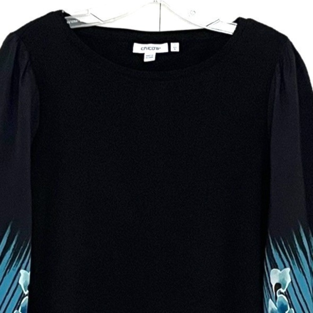 Chicos Womens Blouse M/1 Black Floral 3/4 Bell Sleeve Pullover Comfort Stretch - Picture 5 of 6